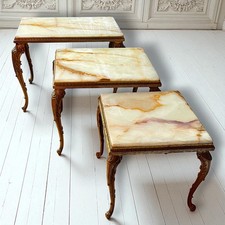 Vintage Hollywood Regency Nest of 3 Onyx Side Tables,Gilt Brass Regency legs vgc