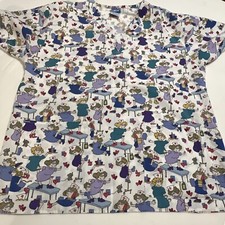 Crest RN Scrub Top M Nurse Print RN Short Sleeve Pullover Pole Table Dance Work