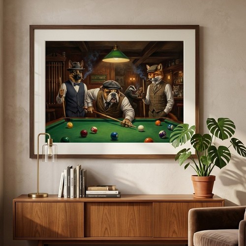 Dogs playing pool print - dogs,