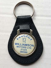 PEUGEOT METAL FOBBED LEATHER BACK VINTAGE ENGLISH KEYRING WILLIAMSON MOTORS LTD