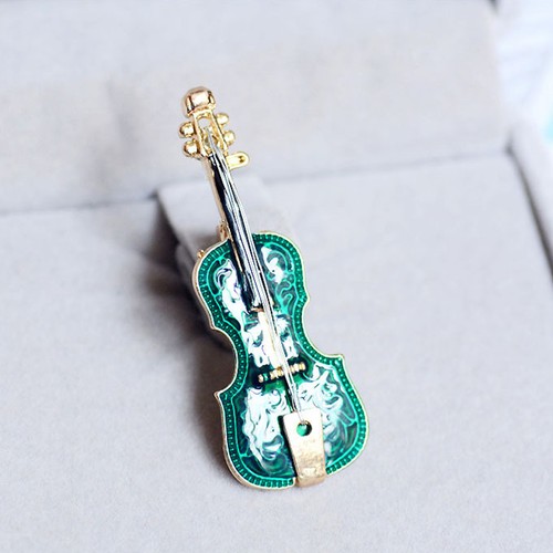 Vintage green violin brooch - green,