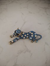 Blue Rhinestones Leopard Cat Brooch Costume Jewellery Baroque