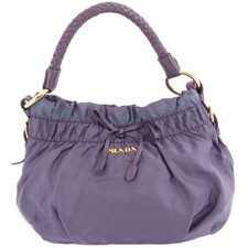 Prada Gathered Ribbon Handbag BR4237 Purple Women's Nylon Sheepskin Leather PRAD