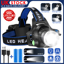 T6 Headlamp 350000LM LED Zoom Headlight Rechargeable Head Torch USB Line UK NEW