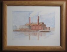Original Unsigned Watercolour Factory Dockside Smoking Chimneys Barge Boat F&G