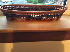 Vintage Wicker Baguette Bread Basket tartan ribbon detail.