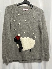 -992 Next Sz 10P Grey Chunky Knit Fleece Sheep Snow Festive Xmas Jumper Pompom
