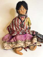 Special Antique / Early Vtg Straw Filled Moulded Cloth Face Indian Girl Doll 19”