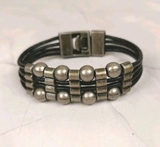 Unisex 4 Stranded Cord & Metal Beaded Bracelet Black & Gun Metal Grey 7.5" VGC