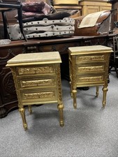 Pair of French Gilt / Gilded Marble Top Louis Bedside Lamp Tables with 3 Drawers
