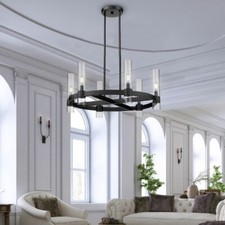 OVE BENNET I 6 Light LED Wagon Wheel Cylinder Shade Chandelier *NEW*