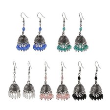 Retro Engrave Ethnic Bell Jhumka Gypsy Crystal Dangle Drop Earrings for Casual