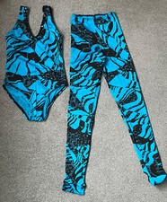 Childs Lycra Leotard & Leggings Dance Costume Turquoise Black -Size 1 App 6-8