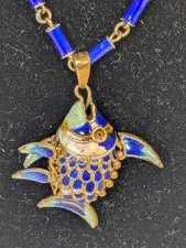 Antique enamel and silver reticulated fish pendant Chinese style good luck charm