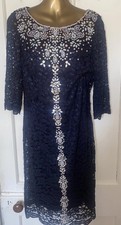 MONSOON - UK 14 Navy Blue Lace hand beaded embellished long sleeve dress &!slip 