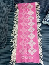 DKNY Scarf Reversible Pink White/Cream Fringe Tassels Designer Winter 100% Wool
