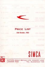 1963 Simca UK Price List, includes 1000, 1300, 1500, Elysee & Montlhery models