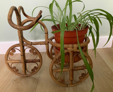 Vintage Bamboo Tricycle Bike Plant Stand Holder Wicker Rattan Boho