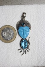 925 CARVED FACE PENDANT - BLUE