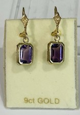 9ct Gold 375 Amethyst Drop Earrings on Safety Wites ER7776 - Bargain Price