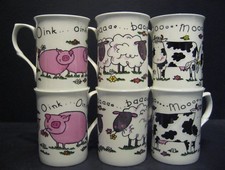 Set Of 6 Mugs Moo Baar Oink Pig Sheep Cow Fine Bone China Mugs Cups Beakers