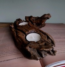 Rustic Wooden Double Tealight Candle Holder Ornamental Natural Bohemian Decor