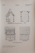 1928 ARCHITECTURE PRINT OAK PORCH SOUTH BENFLEET CHURCH ELEVATION SECTION CLARK