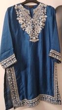 ✩Gorgeous *KANISHAK* Blue Indian Silk Embroidered Tunic Top Kaftan L✩