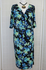 David Emanuel Dress Size 18 Black Floral Faux Wrap Short Sleeves Stretch Jersey