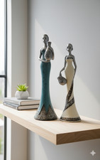 African Tribal Women Figurines with Urns – Pair of 31cm & 35cm Display Art