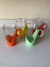 4x Vintage 1970’s Arcoroc France Glasses with Colourful Plastic Holders VGC