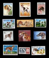 BORZOI RUSSIAN WOLFHOUND DOG INTERNATIONAL POSTAGE STAMPS collection x 12