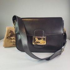CELINE Vintage 1970s Horse Carriage Box Bag Brown Leather Shoulder Bag Italy