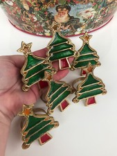 SET OF 6 VINTAGE NOSTALGIC BRASS ENAMEL CHRISTMAS TREE NAPKIN RING HOLDERS