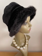 Stunning Jacques Vert Hat Black Velvet Cloche Bucket Turnable Brim Faux Fur