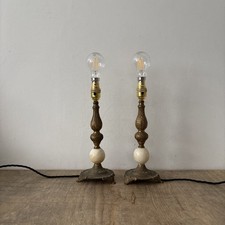 Vintage Rustic Pair Onyx Marble & Brass Table Side Lamps Decorative x2 Spanish 