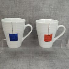Whittard of Chelsea tea break ribbed white ceramic mugs X2 Teabag Orange Blue 