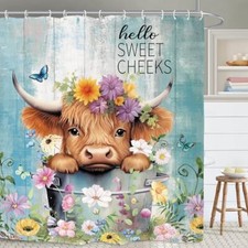 Teal Bull Highland Cow Bathroom Shower Curtain Teal Cute Cow