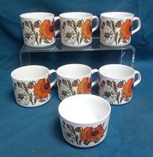 Six  Vintage J&G Meakin Tea Cups and Sugar Bowl in Poppy design