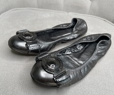 BURBERRY LEATHER Metallic Silver Gray Black  FLAT BALLERINA SHOES SIZE 37 US 7