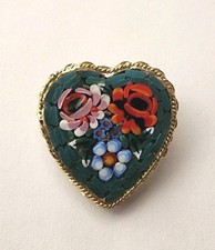 Vintage Goldtone Micro Mosaic Heart Brooch Pin,  Italy
