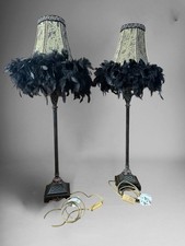 Pair Of Boudoir Tall  Table Lamp Feathered Shades - Edwardian Style