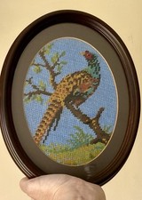Vintage needlepoint Tapestry Perching Bird In oval Solid wood frame