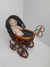 Vintage Wooden Dolls Pram "Landau De Poupee" Handcrafted With Fabric Hood.