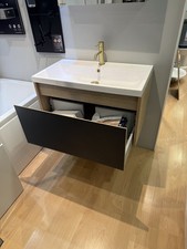 800 mm wall hung vanity oak and indigo blue draw resin basin ex display