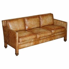 LOVELY HAND DYED BROWN LEATHER EDWARDIAN STYLE STUDDED THREE SEAT SOFA PART SET