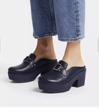 Fitflop Uk 5 Pilar Stud-Buckle Leather Platform Mule Clog Sandals Navy