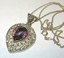 Beautiful 925 Sterling Silver Tear Drop Mystic Topaz Pendant Necklace, ~SIGNED~