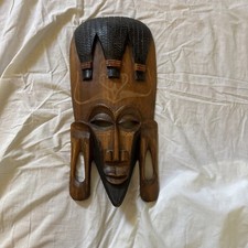 Vintage Hardwood African Handmade Wall Hung Face Mask 16 Tall Carved Wood Folk