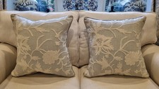 OKA Pale Duck Egg Blue 100%Cotton Cushion Cover with Wool Crewel Work Embroidery